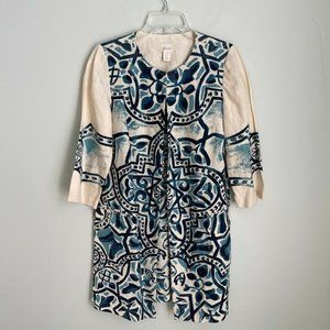 Chico's 0 Blue Print Linen 3/4 Sleeve Long Coat Jacket